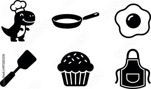 Cute chef dinosaur with frying pan spatula fried egg muffin and apron vector icons