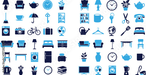 Home objects and furniture icons collection household items and decor elements illustrations.