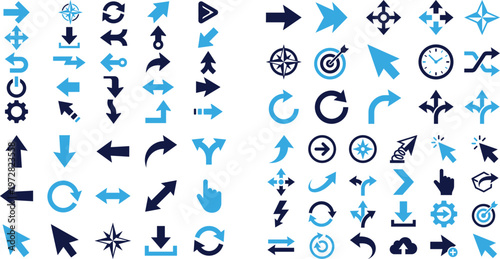 Arrows navigation signs direction pointers click cursors loading symbols and communication icons.