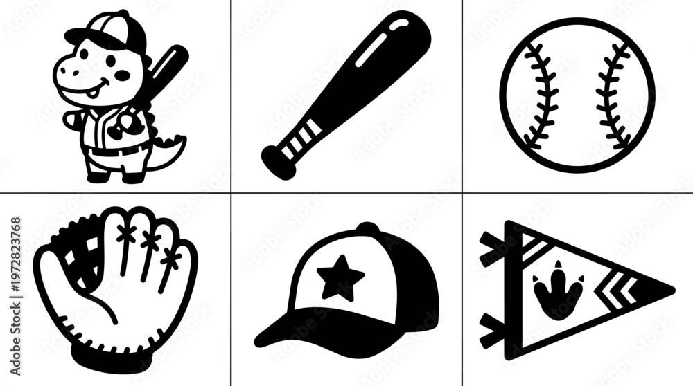 Fototapeta premium Black and white dinosaur baseball player with bat glove ball hat and pennant vector art