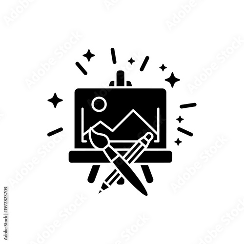 Artistic creation with a painting easel, paintbrush, and pencil, representing creativity and artistic expression