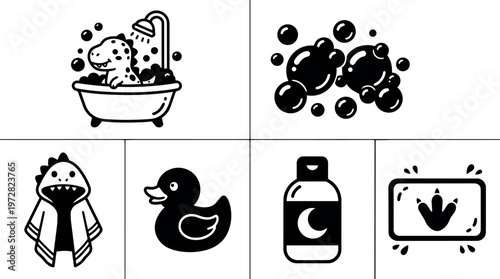 Black and white dinosaur taking bath with bubbles rubber duck and shampoo bottle icons