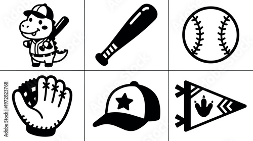 Black and white dinosaur baseball player with bat glove ball hat and pennant vector art