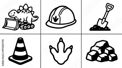Black and white dinosaur digger construction helmet shovel cone footprint pile rocks vector art