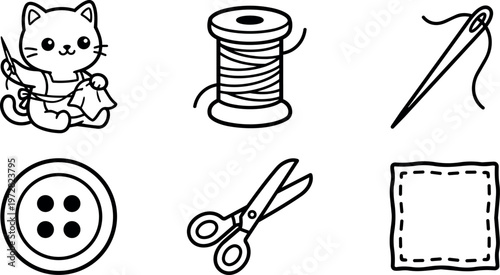 Cute cartoon cat sewing with thread needle button scissors and patch vector line art