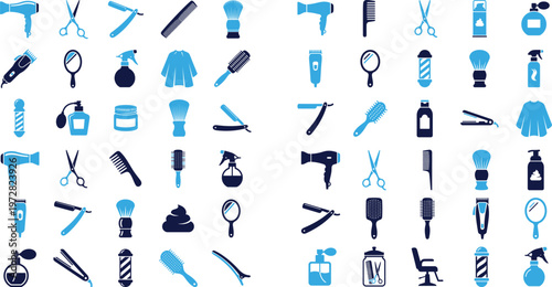 Hair salon and barber shop equipment icons collection for professional services.