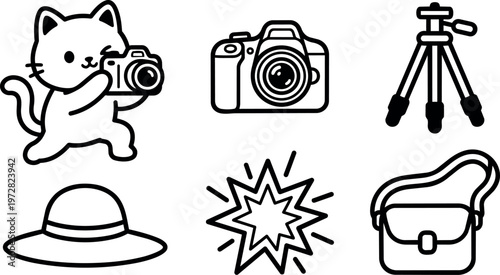 Cute cat holding camera with camera tripod sun hat and explosion icons line art