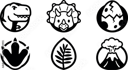 Black and white dinosaur icons with cracked egg footprint leaf and erupting volcano