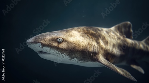 Oceanic creature swims through dark water, showing details of its skin and eye