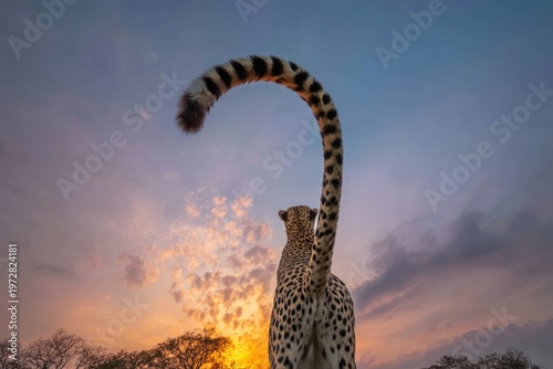 Rear view of a cheetah with its tail arched against a colorful sunset