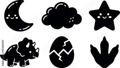 Black silhouette moon cloud star triceratops cracked egg and dinosaur footprint vector art