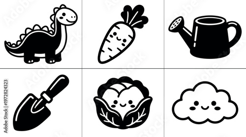 Cute black and white smiling cartoon dinosaur carrot watering can trowel cabbage and cloud vector art