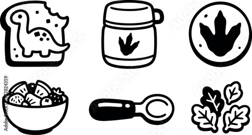 Black and white dinosaur cookie jar leaves fruit bowl and spoon vector art