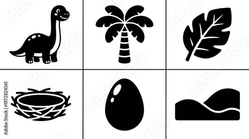 Black silhouette dinosaur palm tree leaf nest egg and hill vector art