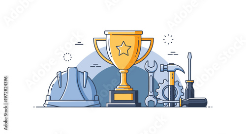 Golden Trophy with Construction Tools and Hard Hat Representing Achievement in Industry.