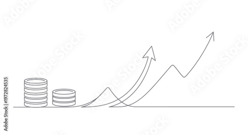 Continuous line drawing of stacked coins and an upward trending graph.