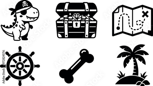Black and white pirate dinosaur treasure chest map ship wheel bone and palm tree vector art