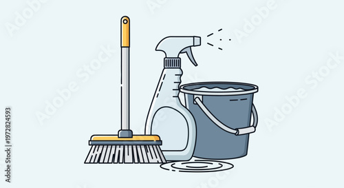 Cleaning supplies illustration with broom, spray bottle, and bucket for household chores.
