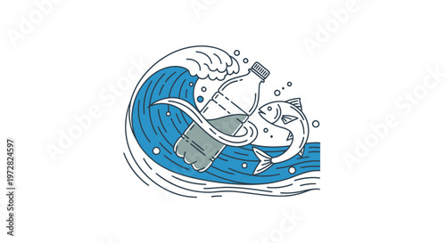 Ocean wave with plastic bottle and fish depicting marine pollution and environmental crisis.