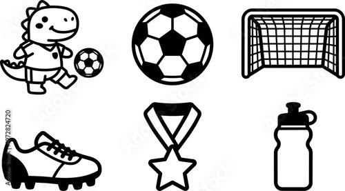 Black and white dinosaur kicking soccer ball with football gear icons