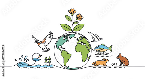 Earth with animals and a plant.