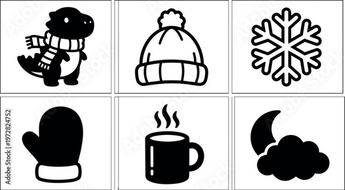 Black and white winter icons including dinosaur with scarf mitten hat snowflake and hot beverage