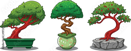 Set of decorative bonsai trees in different pots stylized miniature plants colorful nature illustration ornamental garden design collection