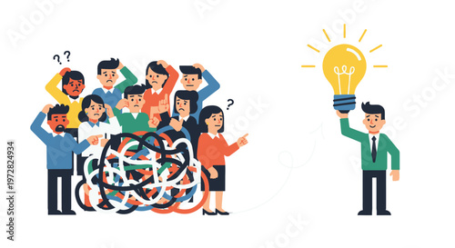 Businessman has an idea while others are confused.