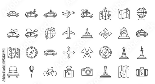 Collection of travel and transportation icons.