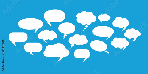 Modern set of white speech bubbles and thinking clouds on bright blue background, creative communication and dialogue concept vector illustration