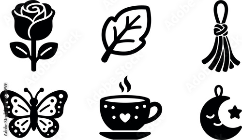 Black and white rose leaf tassel butterfly cup moon icons vector art