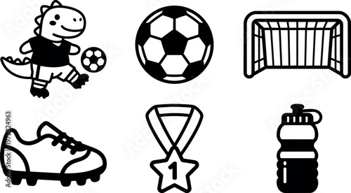 Black and white soccer dinosaur kicking ball soccer gear and trophy vector art