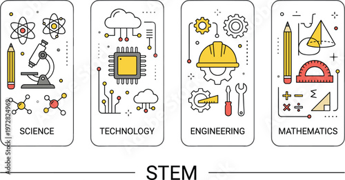 STEM education concept illustration science technology engineering mathematics icons set modern learning subjects vector design layout