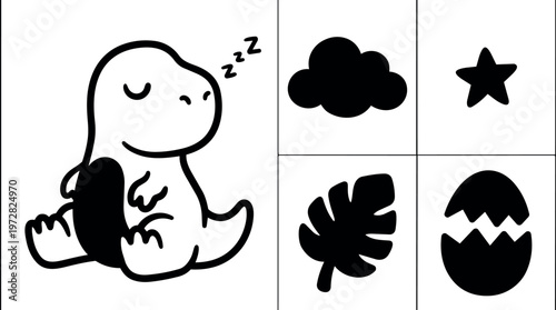 Sleeping dinosaur with zzz and black silhouette nature icons vector art