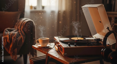 record player with vinyl and coffee cup, cozy lifestyle music scene