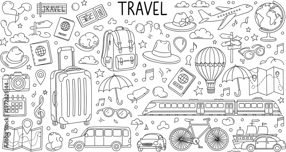 Obraz premium Travel doodle illustration with suitcase transport tickets maps airplane tourism elements hand drawn vector design collection