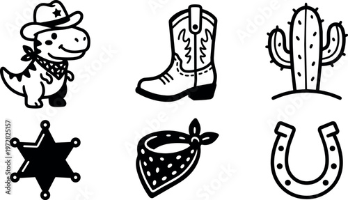 Cowboy dinosaur with hat and bandana cowboy boot cactus sheriff badge bandana and horseshoe line art icons