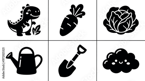 Cute dinosaur carrot cabbage watering can shovel and happy cloud vector art icons