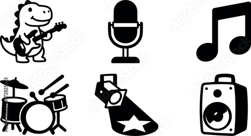 Black and white music icons with dinosaur playing guitar microphone drum kit spotlight and speaker