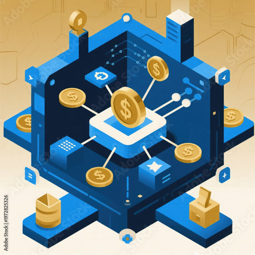 Isometric Blockchain Finance Illustration with Coins
