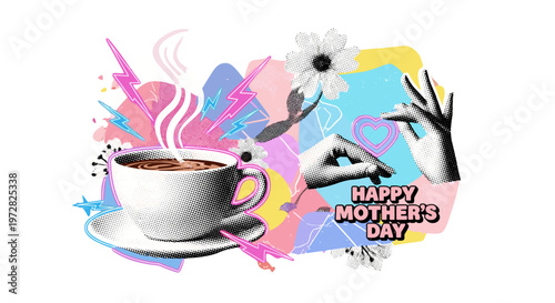 Steaming cup of coffee with happy mother's day text and abstract colorful shapes