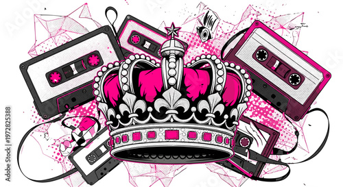Ornate crown adorned with pink jewels and vintage cassette tapes retro music theme