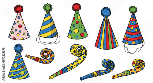 Collection of colorful party hats and noise makers for festive celebrations
