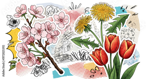Spring floral collage featuring cherry blossoms tulips and dandelions