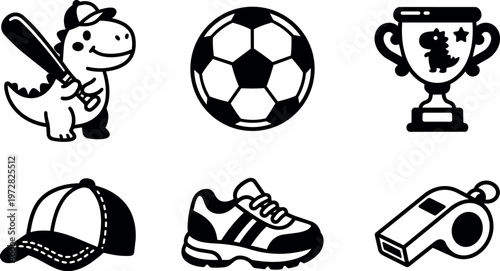 Black and white sports icons set with dinosaur baseball player trophy and equipment