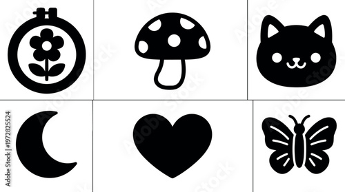 Black silhouette icons of flower embroidery mushroom cat moon heart and butterfly