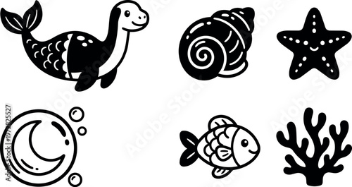 Black and white sea creature icons including dinosaur fish shell coral and starfish