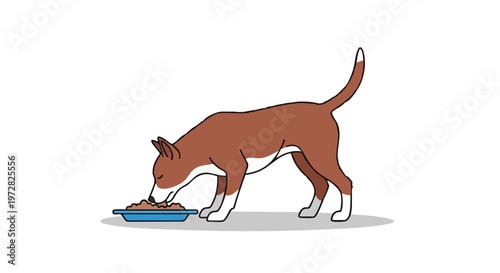 Cartoon dog eating from a bowl. Vector illustration of a pet at mealtime isolated on a white background