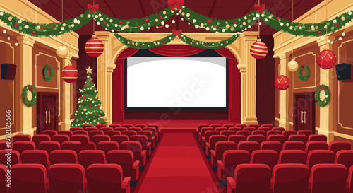 Vintage cinema auditorium with holiday decor, red seats and empty screen