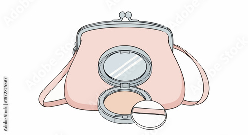 Compact powder with mirror and puff in front of a pink retro purse. Vector illustration of makeup and accessories